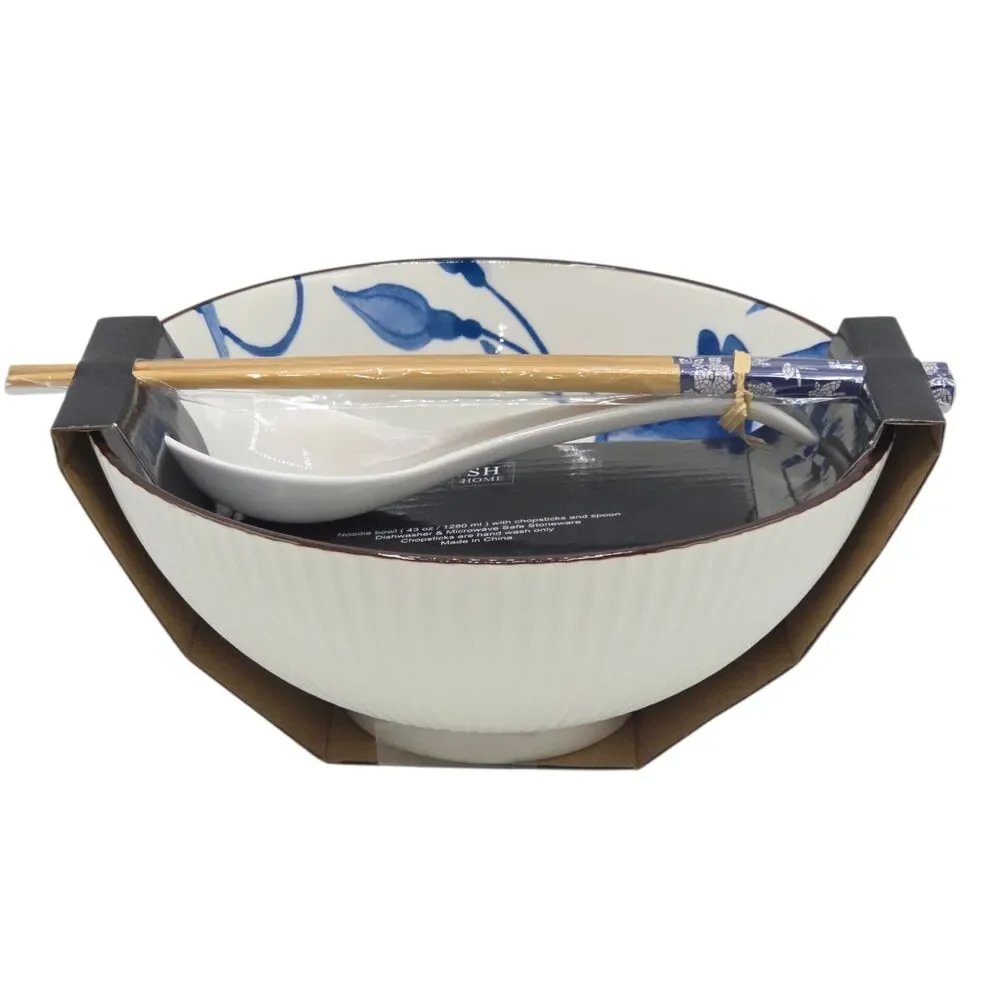 SH‎ Home 42oz Blue Ceramic Ramen Noodle Soup Bowl Chopsticks Spoon Floral Motifs
